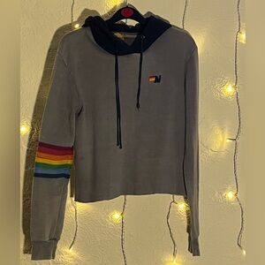Aviator nation cropped grey hooded sweatshirt with rainbow arm band design